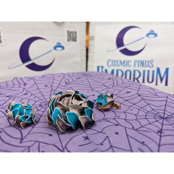 Vintage Unique Teal and Pink/Grey Brooch and Earrings Set, Unmarked - Picture 2 of 6